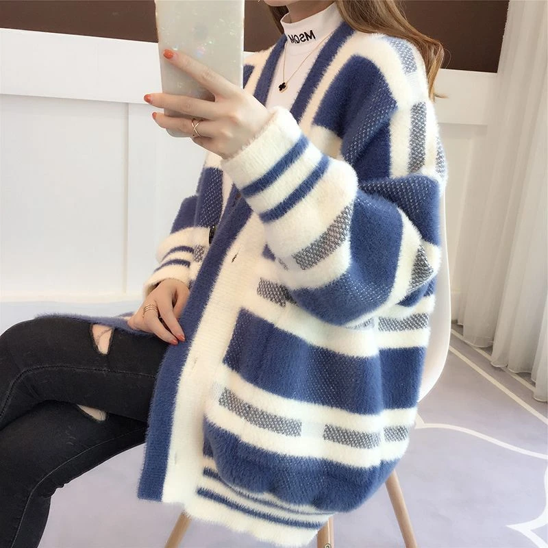 2023新款显瘦女外套毛衣宽松外穿慵懒风外搭针织开衫外套斑马纹潮