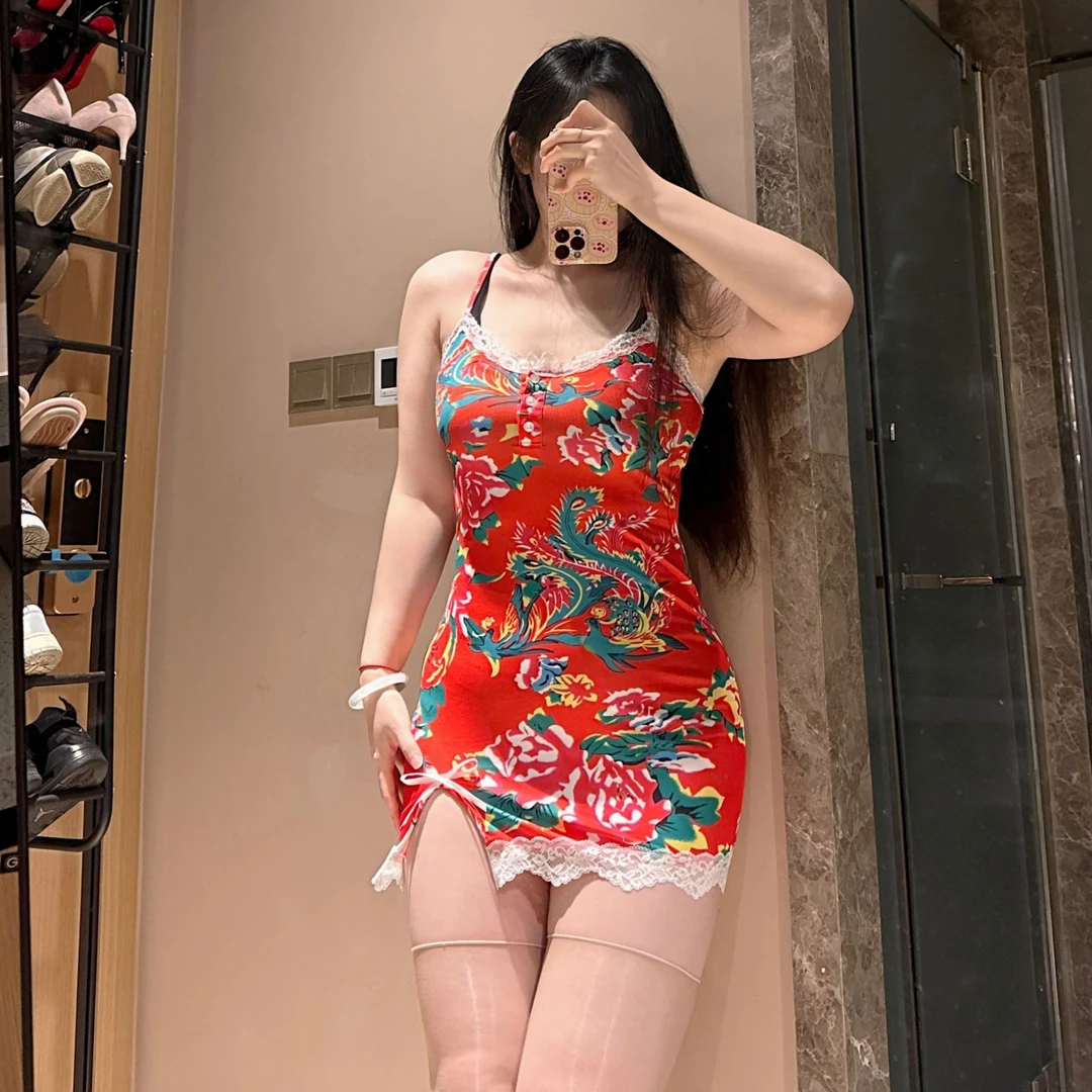 【东北大花】东北大花吊带睡裙 纯欲修身东方美学高弹连衣裙性感