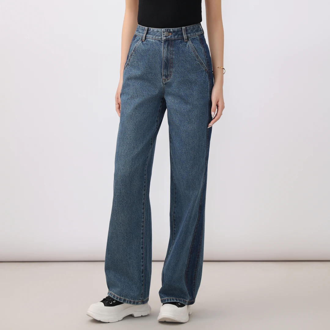 GIRDEAR/哥弟秋冬时尚百搭设计感拼色复古直筒显瘦牛仔裤1100496