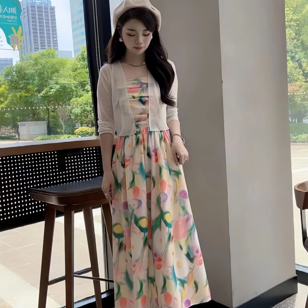 牡丹盛开夏季韩版法式设计感碎花时尚收腰显瘦温柔气质吊带连衣裙