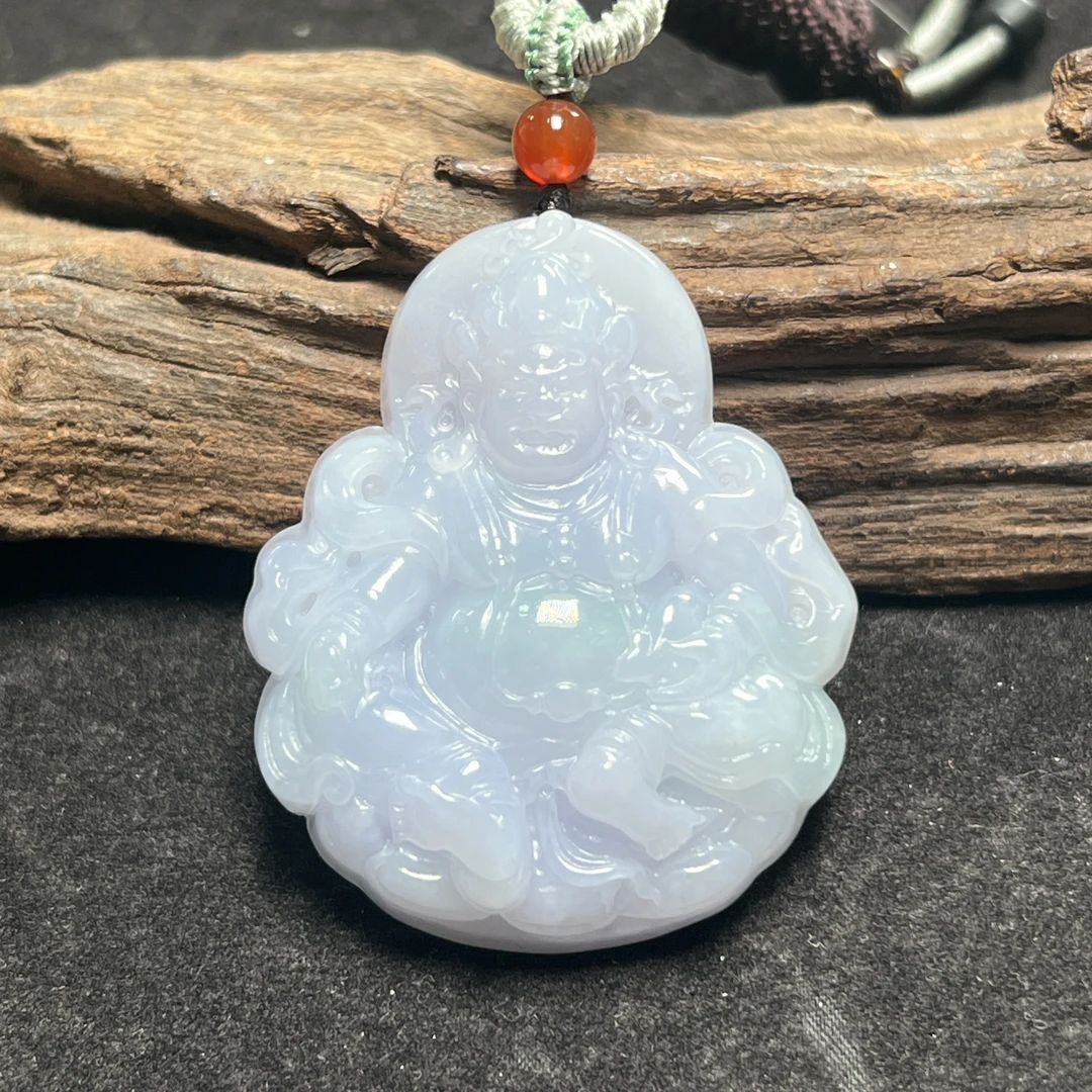 天然翡翠黄财神挂件(糯冰春带彩)（YW6284）