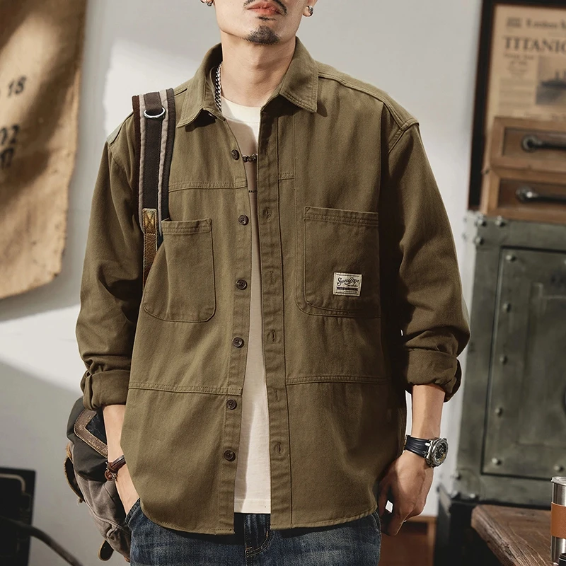 加绒翻领大码长袖男士春秋百搭大码休闲简约纯色潮流开襟衬衣6002