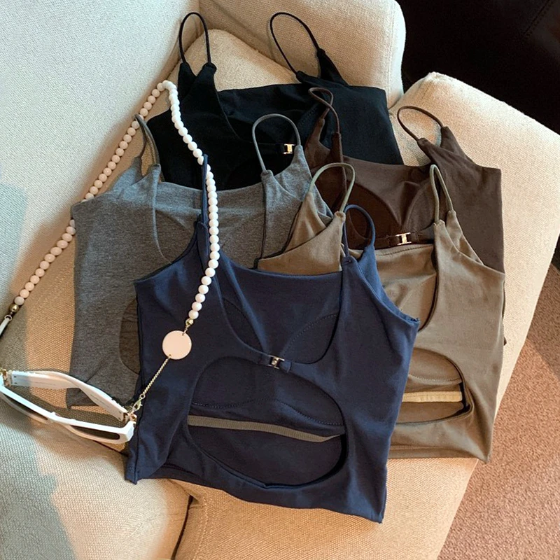 广州十三行爆款~后背挖洞镂空带胸垫一体文胸美背吊带小上衣女潮