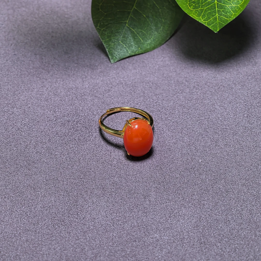 「田姐南红」保山满色满肉柿子红戒指S925银镶嵌T06917