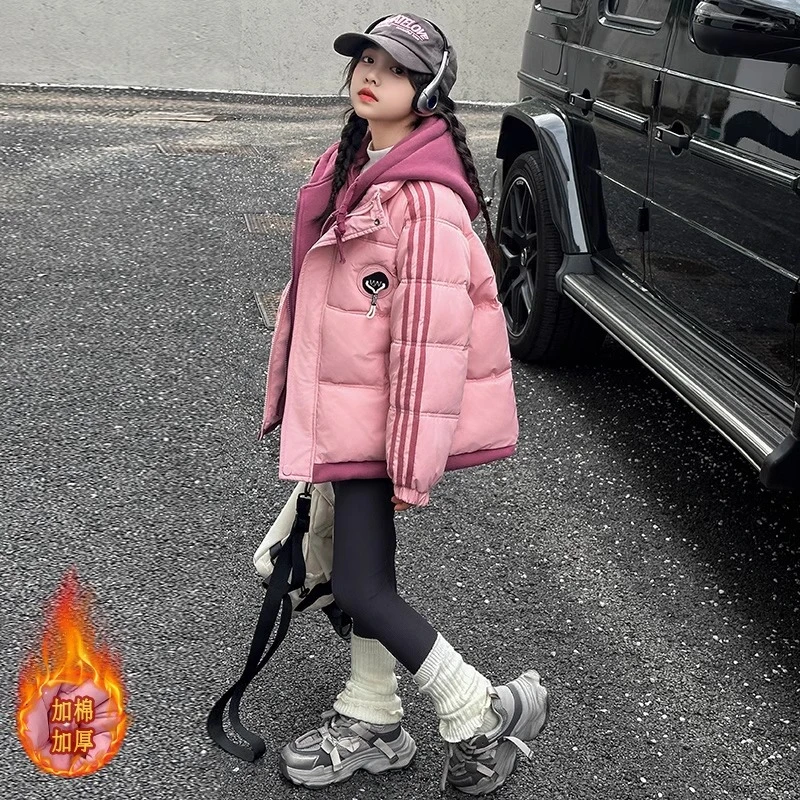 女童棉服外套冬季2024新款洋气儿童冬装加厚女大童假两件时尚棉衣