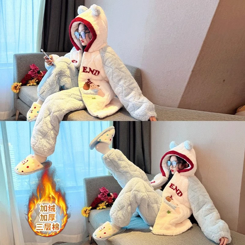 女大童睡衣秋冬款2024新款儿童珊瑚绒家居服加绒加厚女童三层夹棉