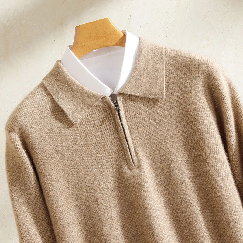 100%纯山羊绒男士POLO领商务拉链长袖百搭加厚时尚打底七针加厚