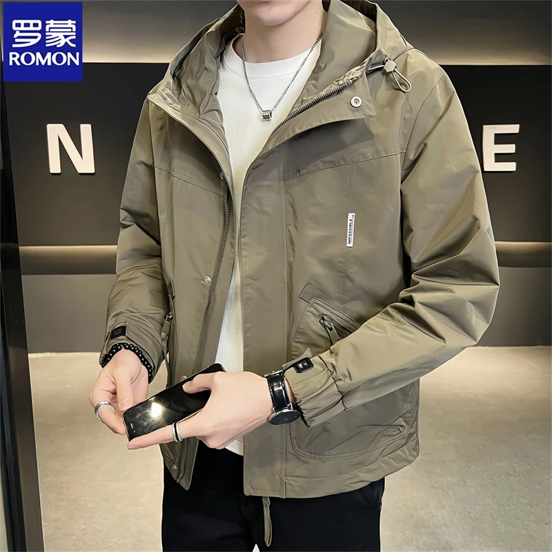 罗蒙春秋款连帽工装冲锋衣外套男士2025秋季新款潮牌时尚青年夹克