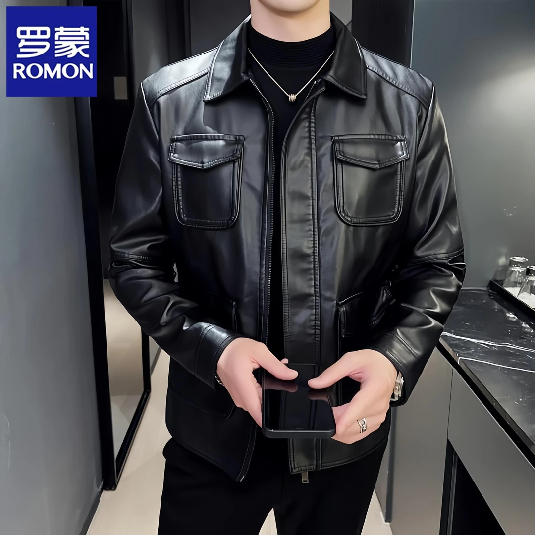 Romon/罗蒙春秋季皮衣男士潮流休闲机车皮夹克时尚翻领时尚外套