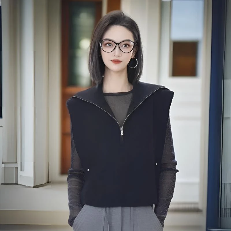 【GIRID AMSS】2024秋季时尚绵羊毛半拉链大翻领针织衫背心女马甲