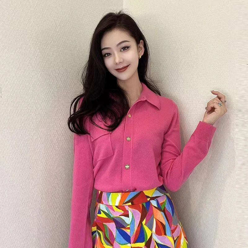 【商场同款】秋冬山羊绒衬衣打底衫时尚polo领保暖长袖针织开衫女