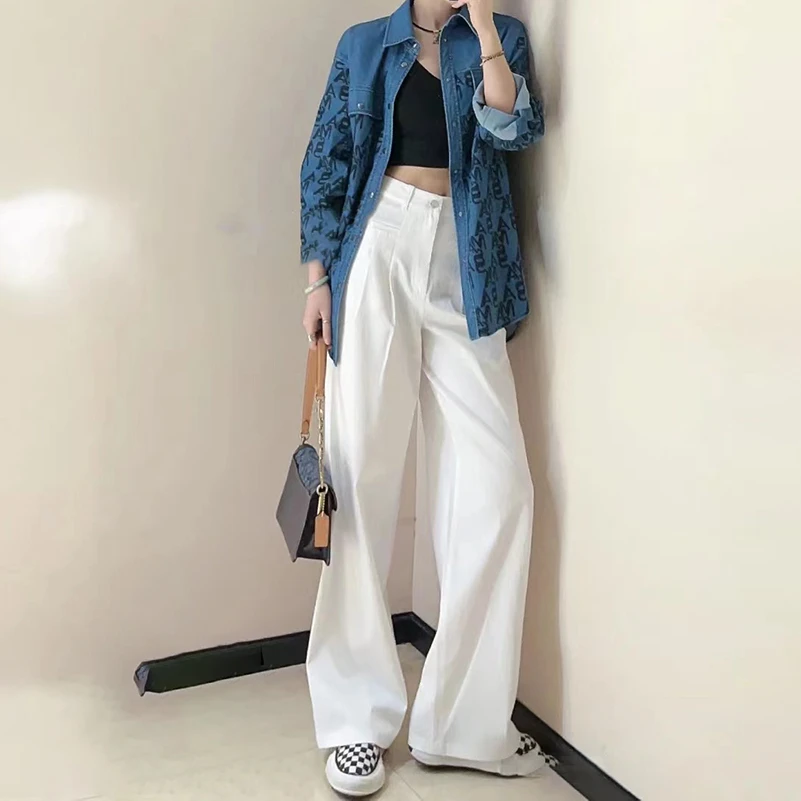 【GIRDE AMSS正品】白色天丝薄款裤子高腰显瘦直筒阔腿长裤5100478