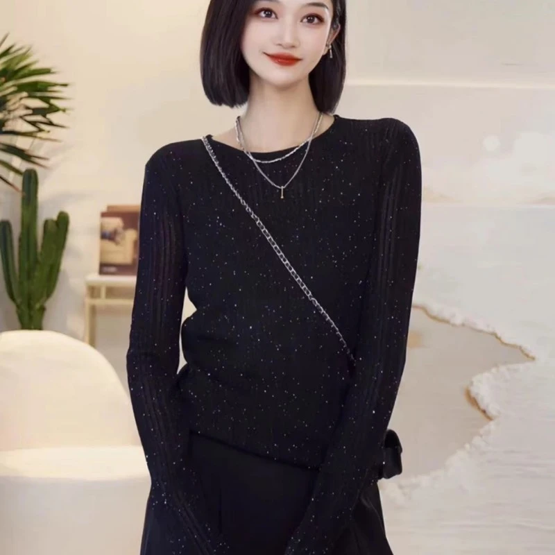 【商场同款】2025春夏新款圆领黑色宽松星空冰丝薄款长袖针织衫女士