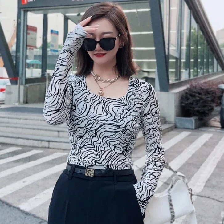 【【AMSSGIRD】修身夏季防晒弹力网纱t恤花色复古百搭U领打底T恤显瘦