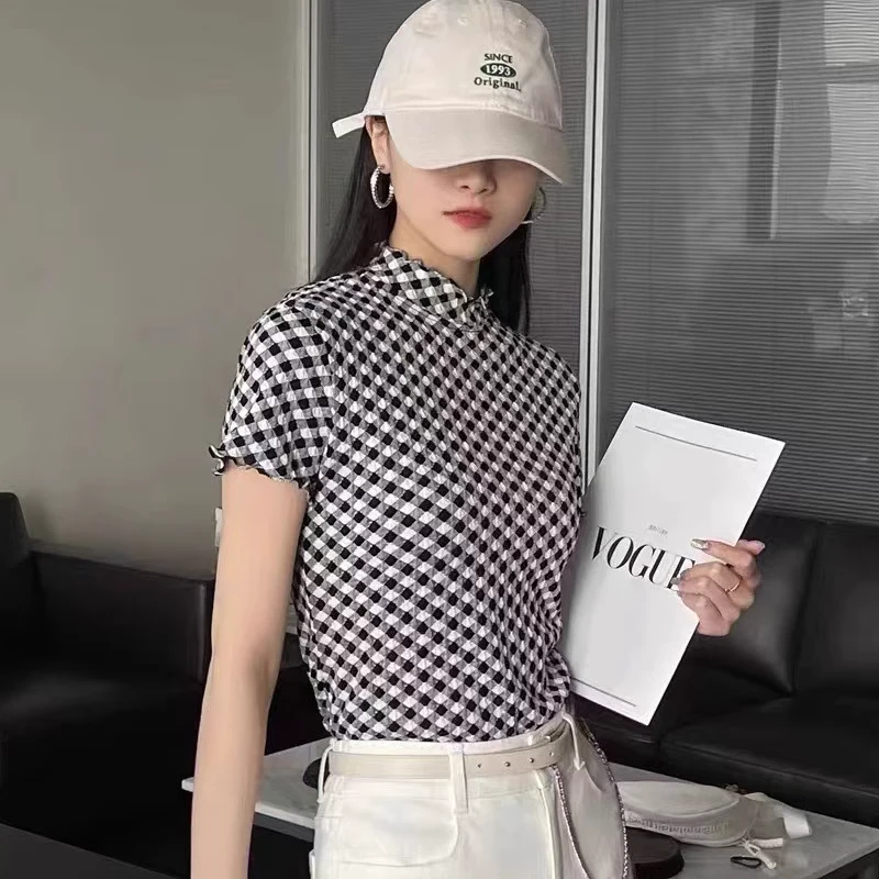 【【GIRID AMSS】2024夏木耳边立领显瘦修身百搭格纹短袖T恤女上衣