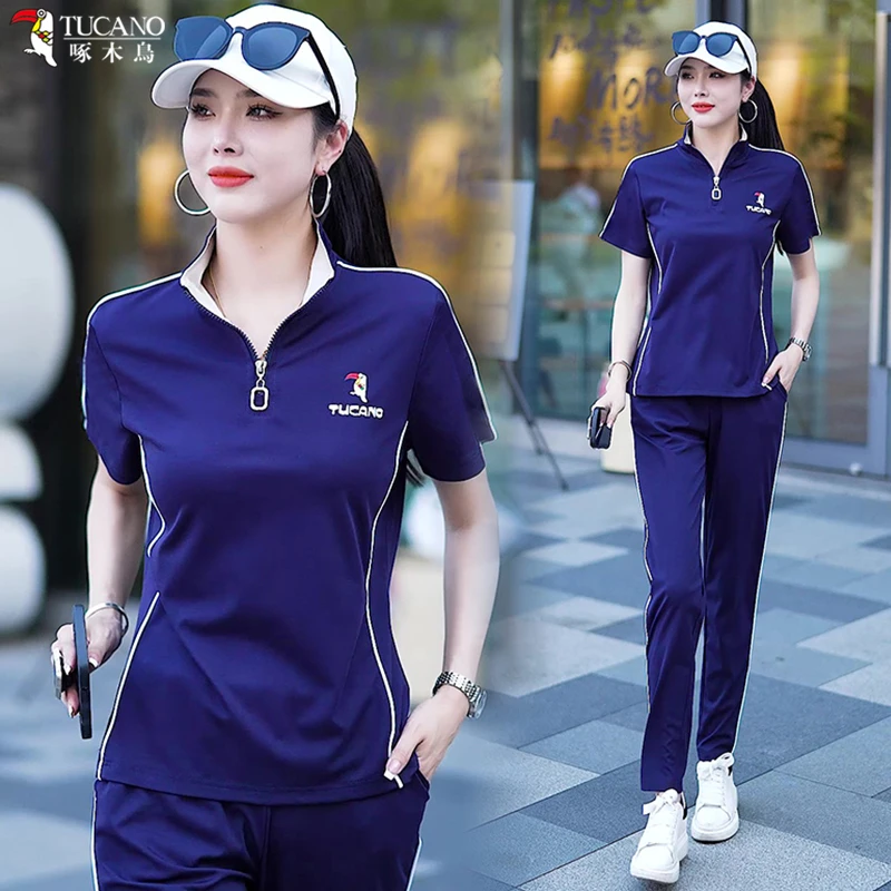 啄木鸟冰丝休闲运动服套装女夏季韩版时尚大码短袖跑步服两件套潮