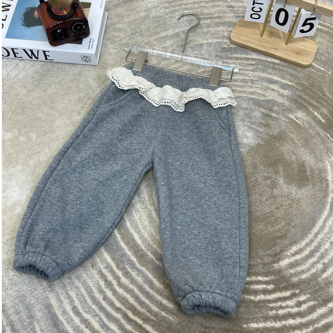 儿童休闲裤女童时尚加绒百搭洋气韩版蕾丝花边收口灰色运动