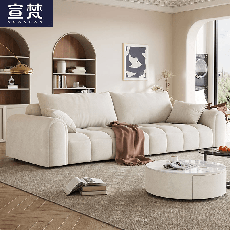 宣梵9034-B意式轻奢极简奶油风猫抓布艺沙发简约钢琴键直排沙发