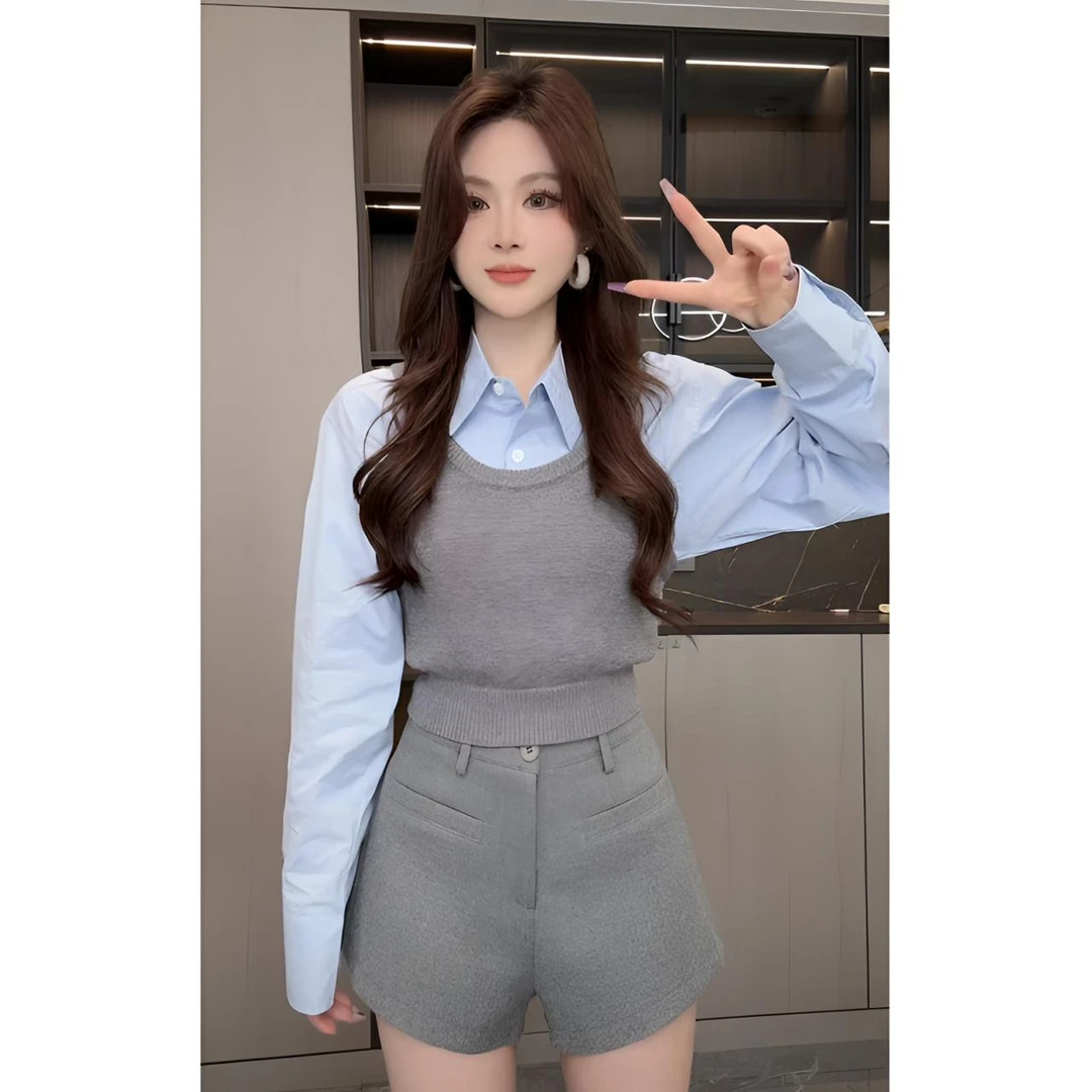 睿夕【日暮未央】针织吊带背心马甲纯色百搭衬衣假两件