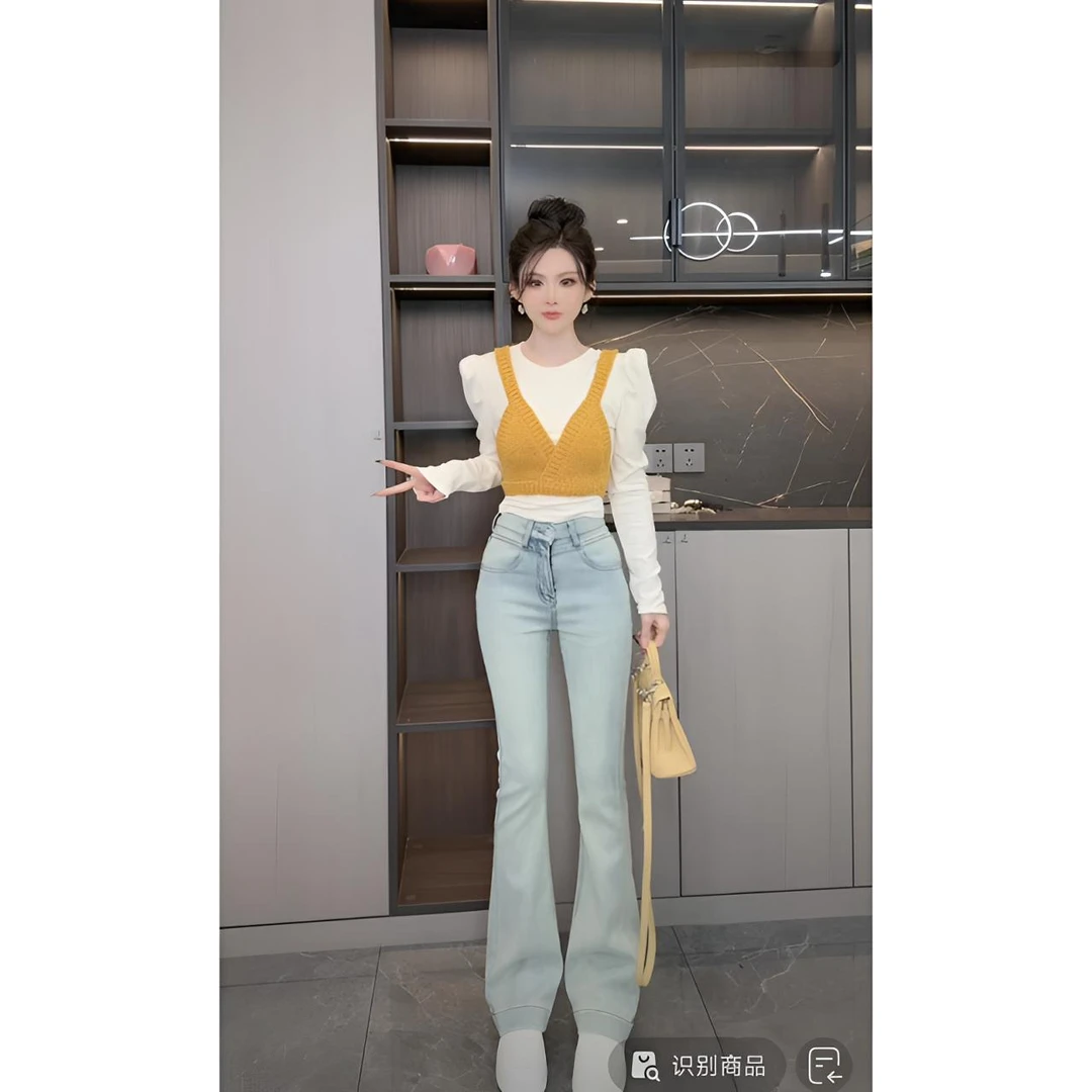 睿夕【秋岁时】高腰显瘦显高加厚绒喇叭牛仔裤女