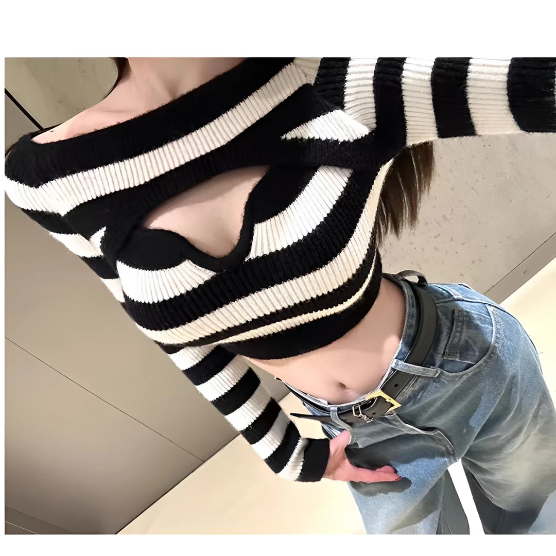 睿夕【呼之欲出】性感一字肩条纹T恤镂空修身针织长袖上衣