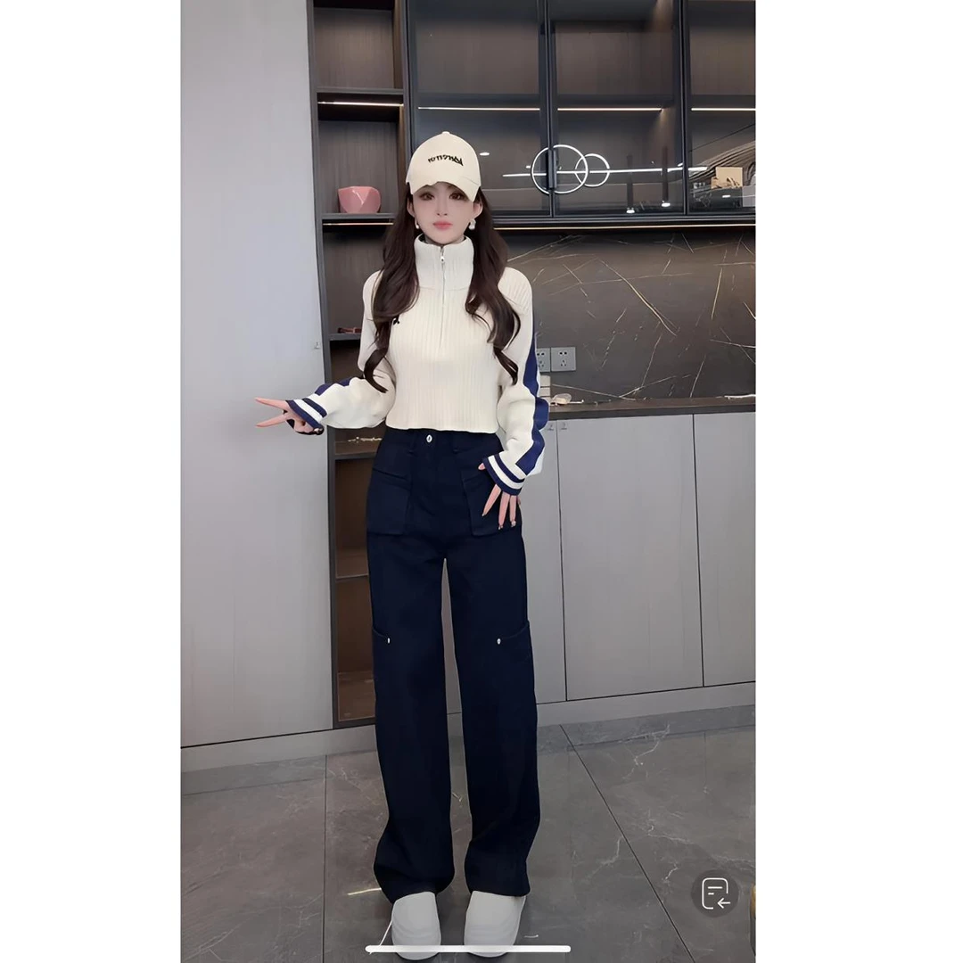 睿夕【绝密档案】韩版口袋钉珠显瘦百搭工装牛仔裤