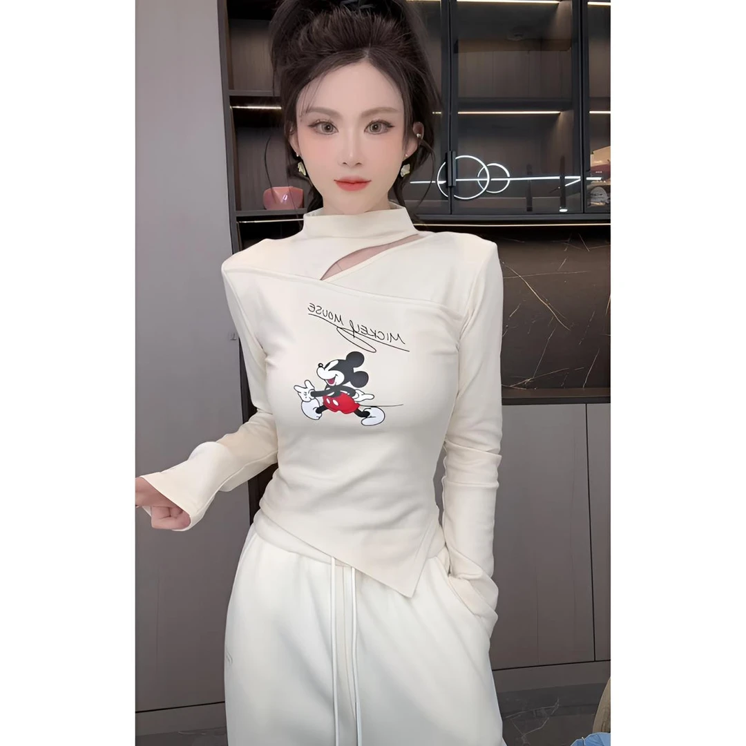 睿夕【心宠时刻】韩版卡通米奇图案圆领镂空加绒T恤