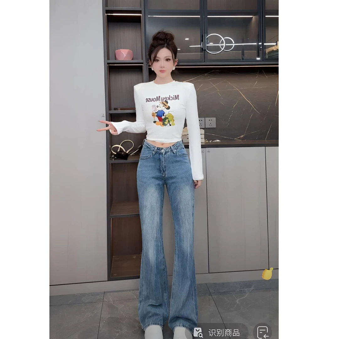 睿夕【甜辣V腰】磨毛加绒复古低腰显瘦宽松不贴腿喇叭牛仔裤