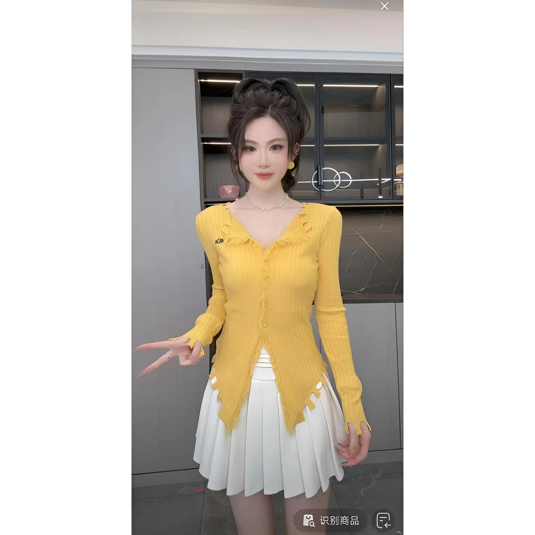 睿夕【绒绒麦穗】字母刺绣流苏毛边修身显瘦针织开衫毛衣