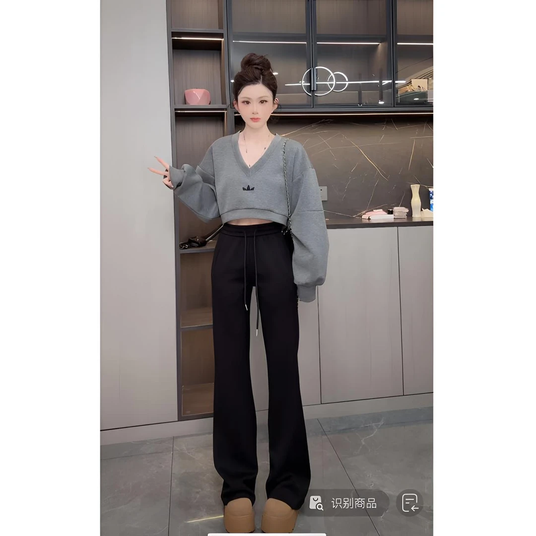 睿夕【休闲特调】抽绳系带休闲松紧腰百搭阔腿宽松微喇卫裤