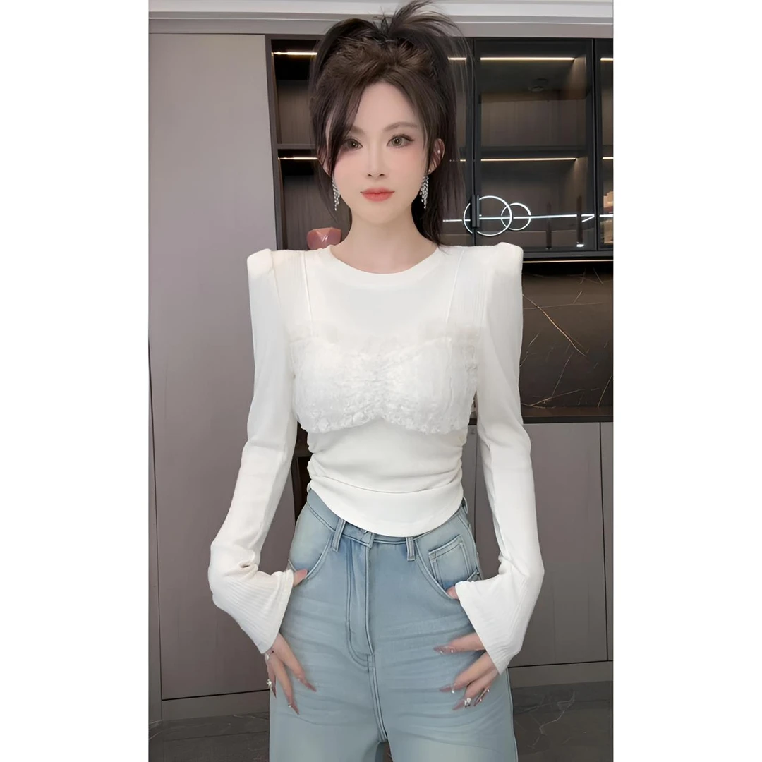 睿夕【甜俏娇娇】韩版蕾丝吊带假两件加厚内搭T恤上衣