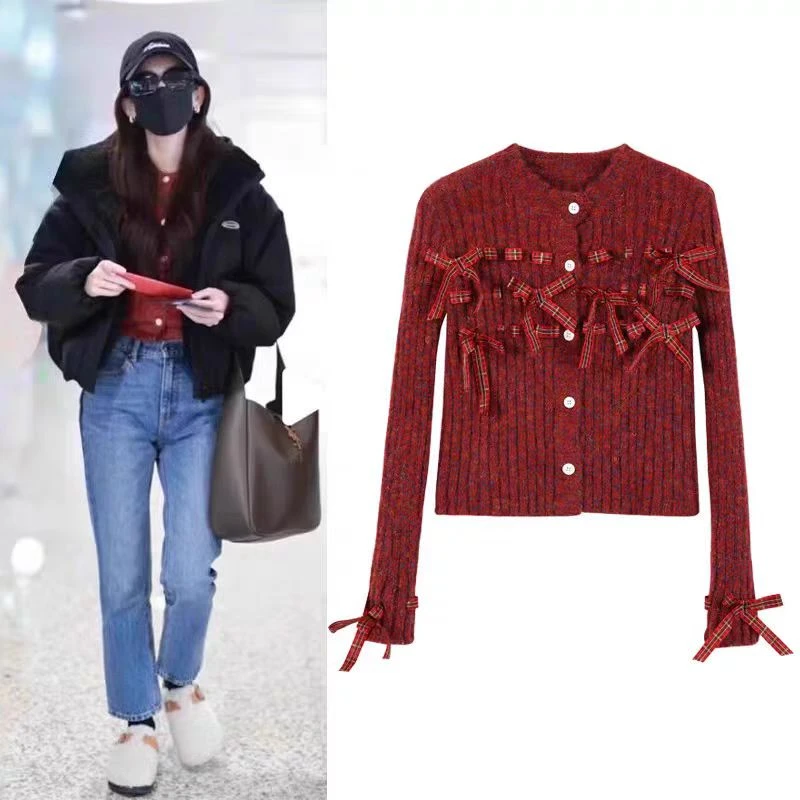 睿夕【甜美蜜糖】立体织带蝴蝶结开衫毛衣女显瘦上衣