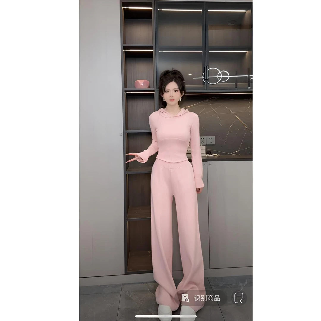 睿【亭亭玉钰~】抽绳连帽上衣宽松直筒裤休闲针织两件套装