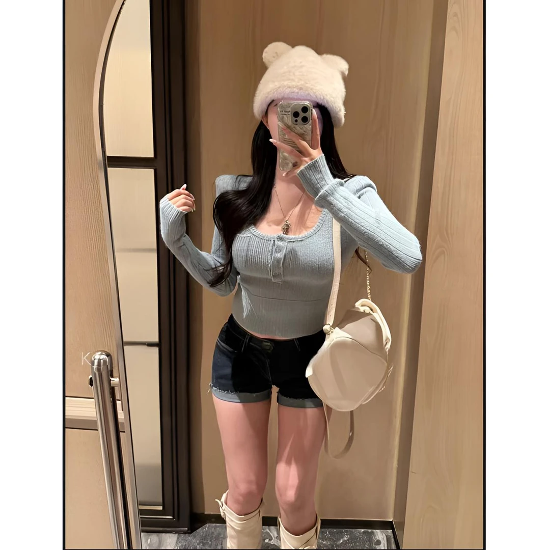 睿夕【纯欲软糯~】新款纯欲甜美气质圆领暗扣毛针织毛衣