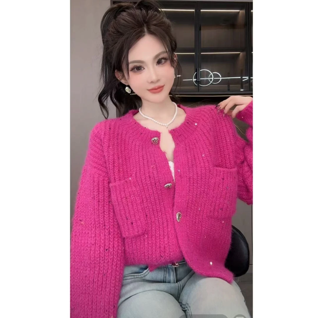 睿夕【奶芙莓莓】宽松休闲慵懒风亮片针织毛衣开衫外套