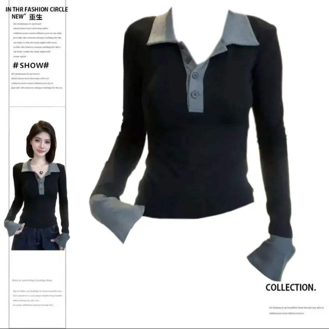 POLO领撞色长袖T恤女秋季新款大码胖MM修身显瘦设计感打底衫上衣