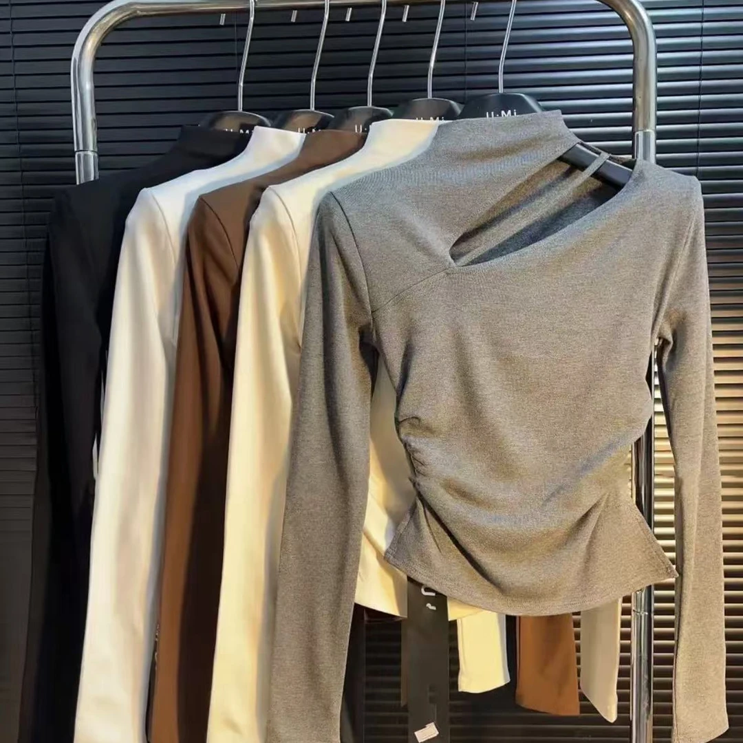 气质半高领镂空露肩修身显瘦皱褶收腰磨毛打底衫女上衣