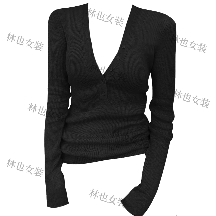 基础款V领纽扣长袖针织衫女装秋季新款韩版时尚修身显瘦打底上衣