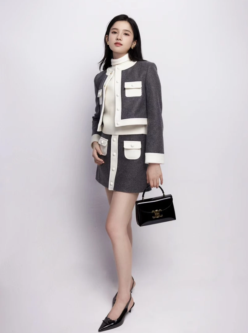 PinkySwear张婧仪同款气质撞色短外套半裙套装TZ1227