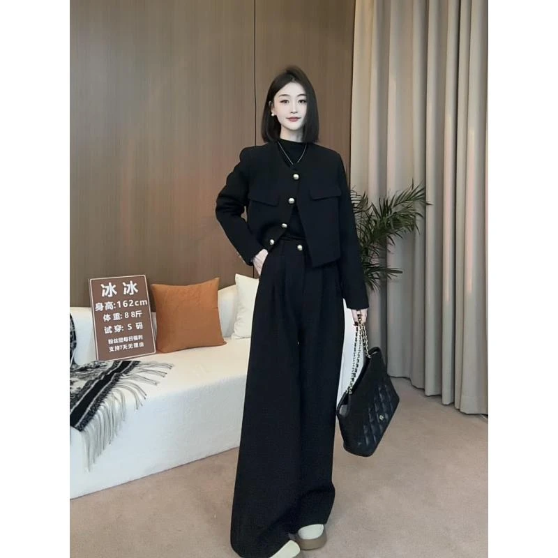 高级感小众小香风套装女冬季夹棉短外套阔腿长裤时尚小个子两件套