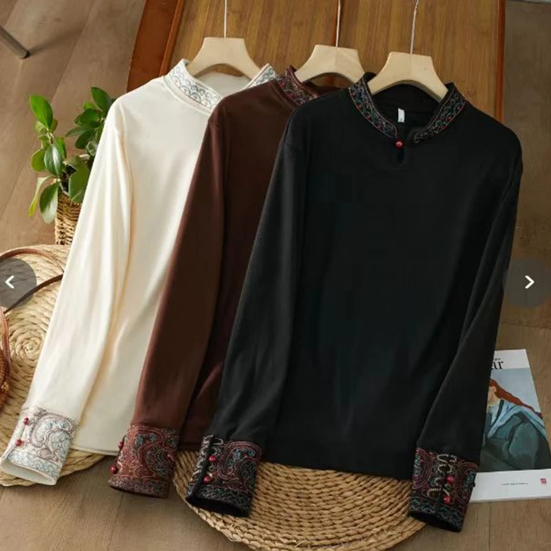 国风复古新款新中式打底刺绣2024年T恤上衣秋冬保暖修身立领长袖