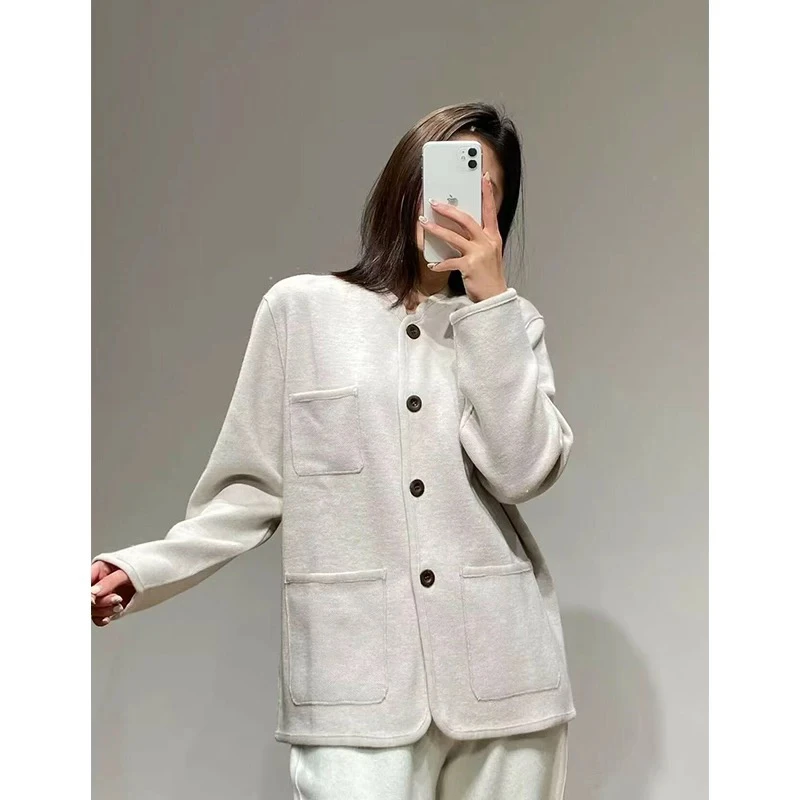 芳慈家 立领中式复古开衫三兜西装羊绒外套