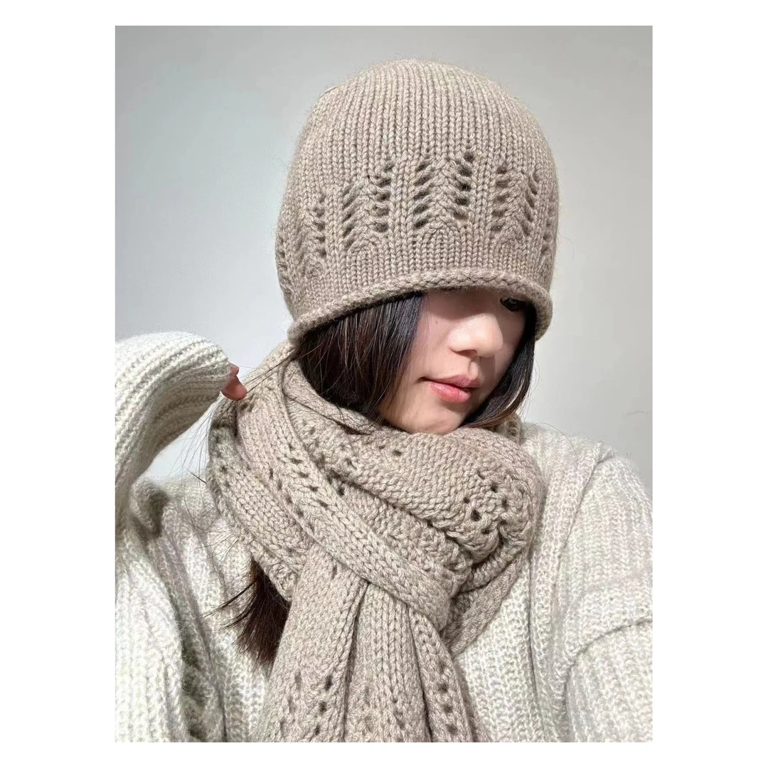 芳慈家 纯手工镂空花纱毛线帽针织帽子围巾套装两件套