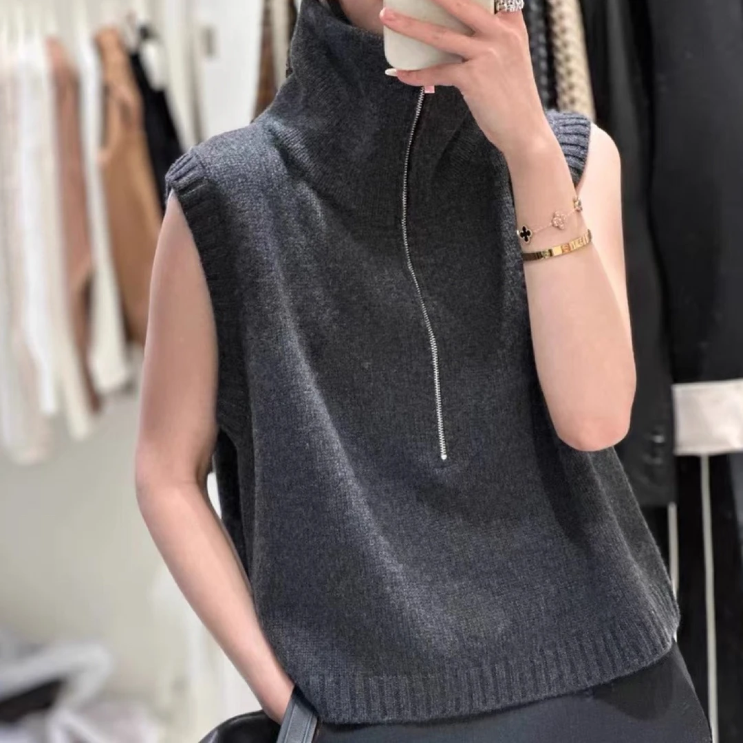【小禾拉链半高】纯羊绒无袖马甲纯色显瘦百搭小众翻领休闲上衣