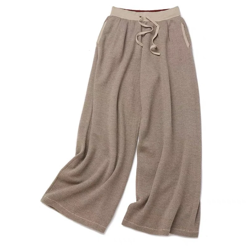 上上签定制加密精纺羊绒人字纹阔腿裤宽松/抽带