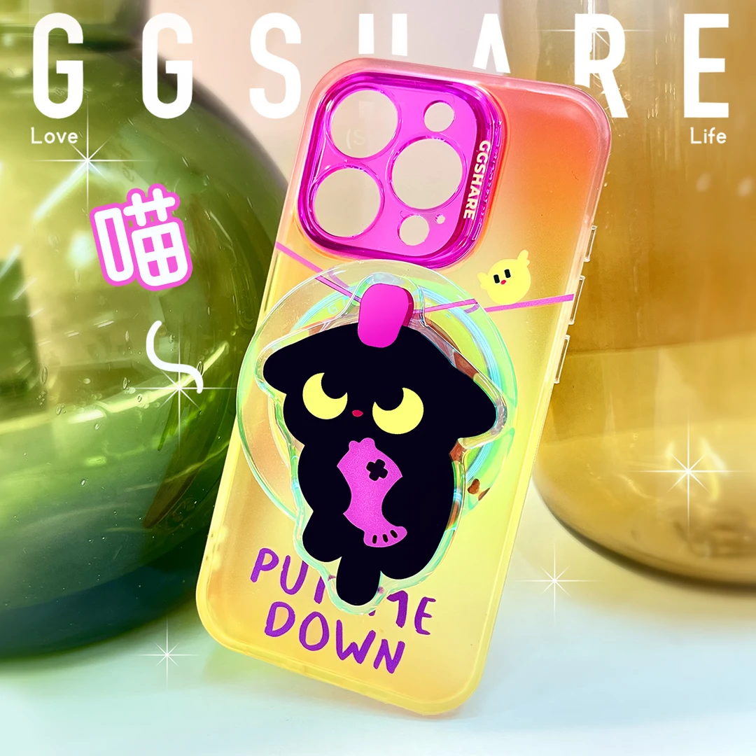 GGSHARE摸鱼猫磁吸手机壳12-15全包适用苹果16p小众不撞款磨砂IMD