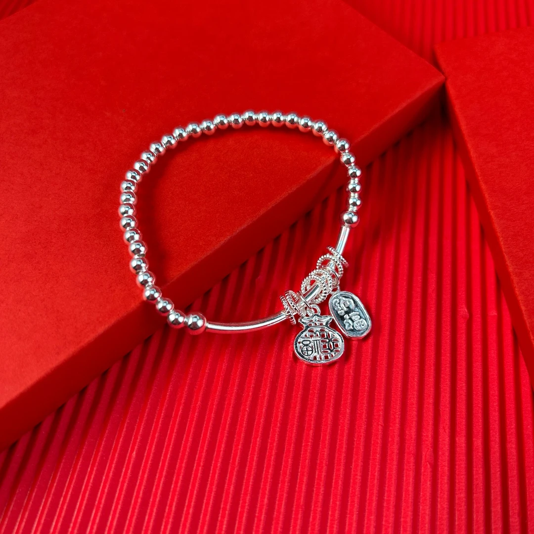 足银手链  纯手工足银 亮面银珠招财纳福手链