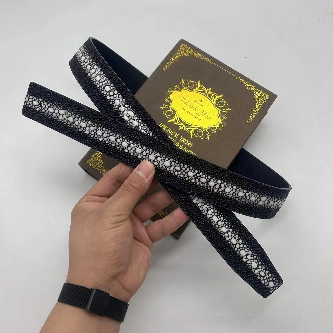 （单腰带）3.8宽新款珍珠鱼纹鳄鱼双面腰带礼盒装