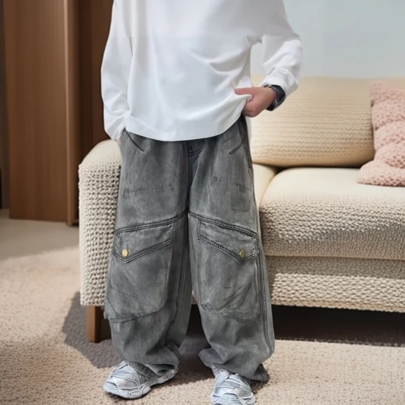 复古亲子装秋冬款牛仔工装裤潮流时尚洋气休闲裤宽松百搭日系