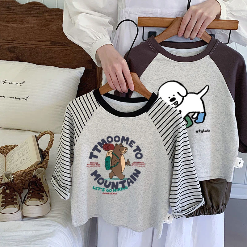 男女童纯棉长袖新款T恤春秋季中小童韩版撞色条纹打底衫圆领薄款t